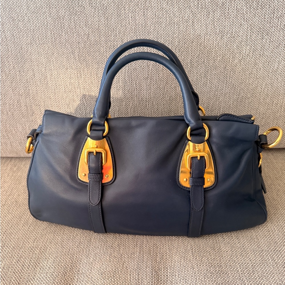 Prada Bauletto Tote Bag Soft Calfskin Lether in Navy - Picture 3 of 9